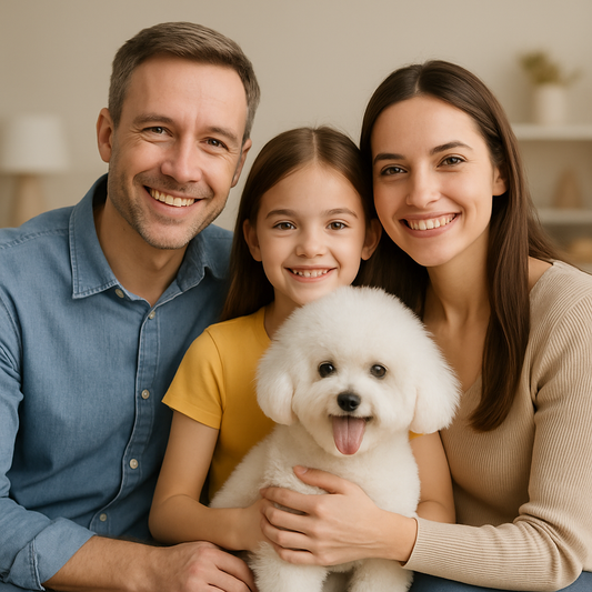 o familie care a adoptat un bichon si stau toti fericiti