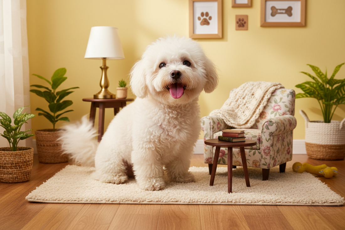 bichon fericit in camera mica