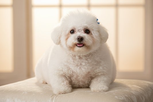 bichon obez care sat in pat