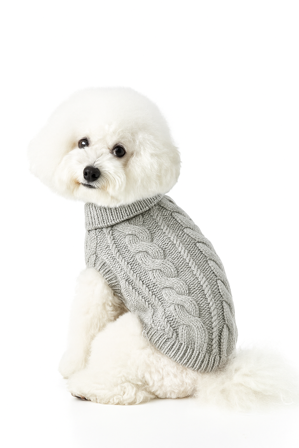 Bichon purtând pulover gri în timpul plimbării – confort și eleganță