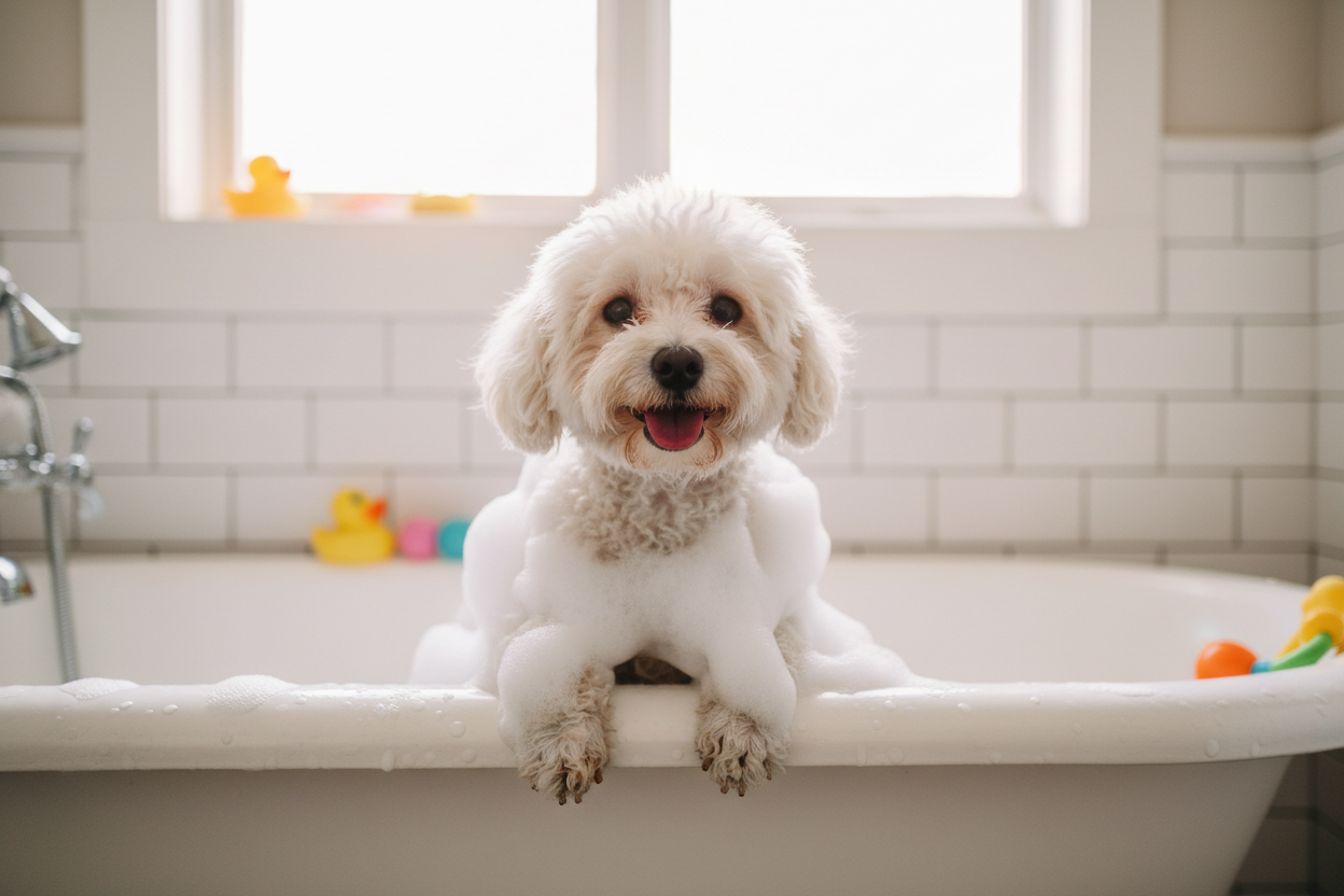 bichon taking bath with shampoo